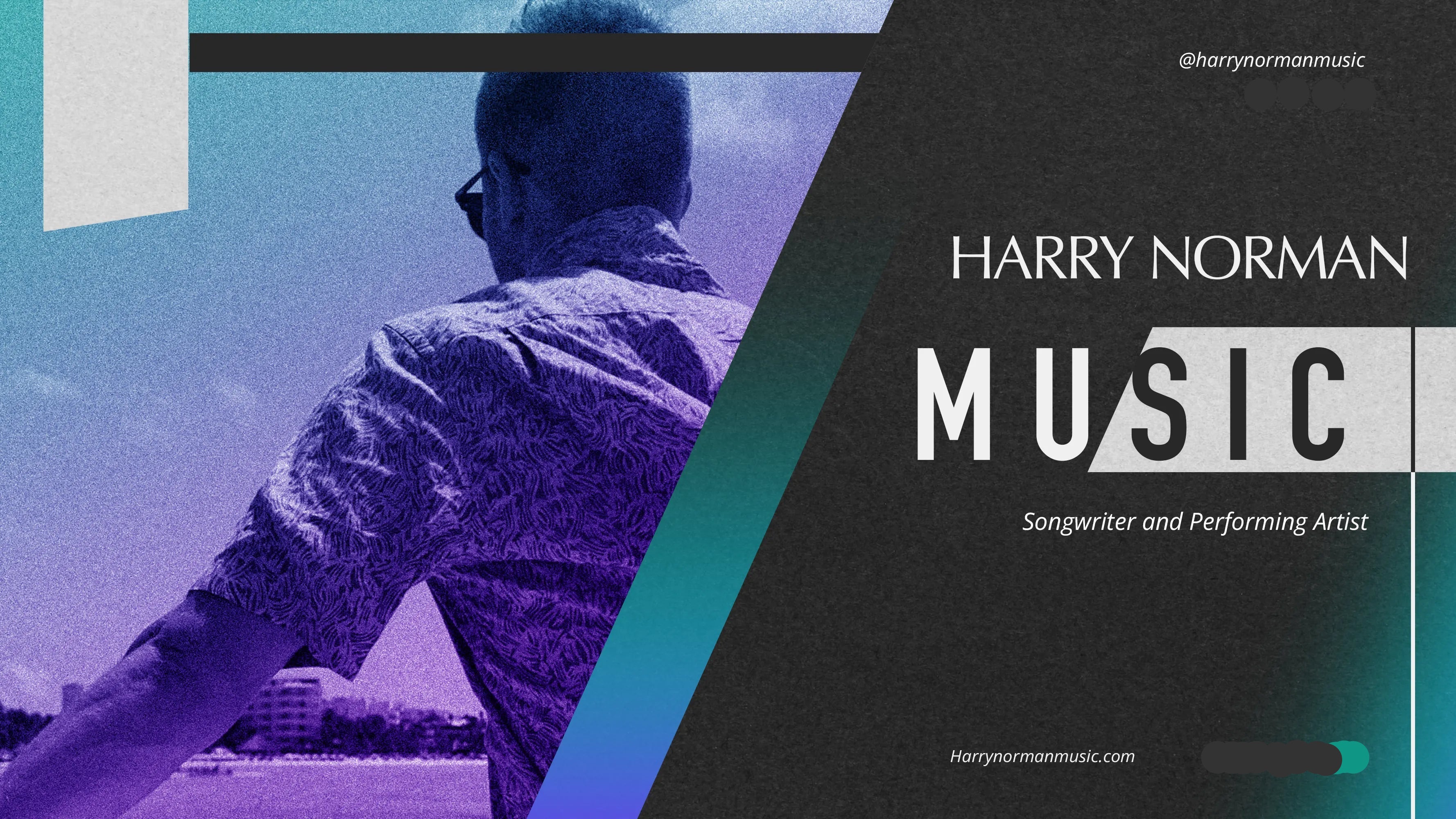 Promotional graphic for Harry Norman Music with a person looking at a cityscape.