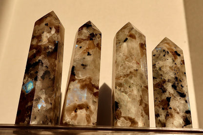Moonstone Crystal Obelisk with Natural Rainbow Aura Inclusions, 3 - 4" - Wax | Wane