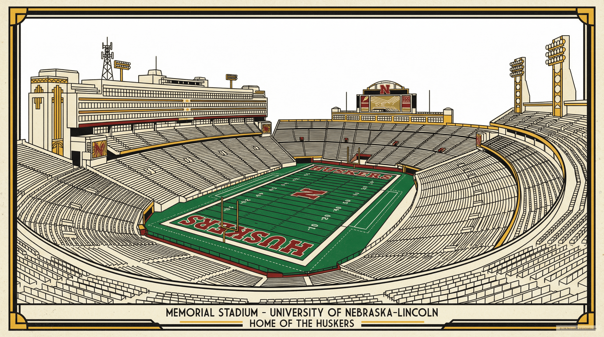 4-Pack LNK Nebraska Huskers Memorial Stadium Art Print Bundle – 4-Pack Digital Download | Art Deco WPA Poster Set | Cornhusker Football Wall Art | Instant Download 16x20 300 DPI