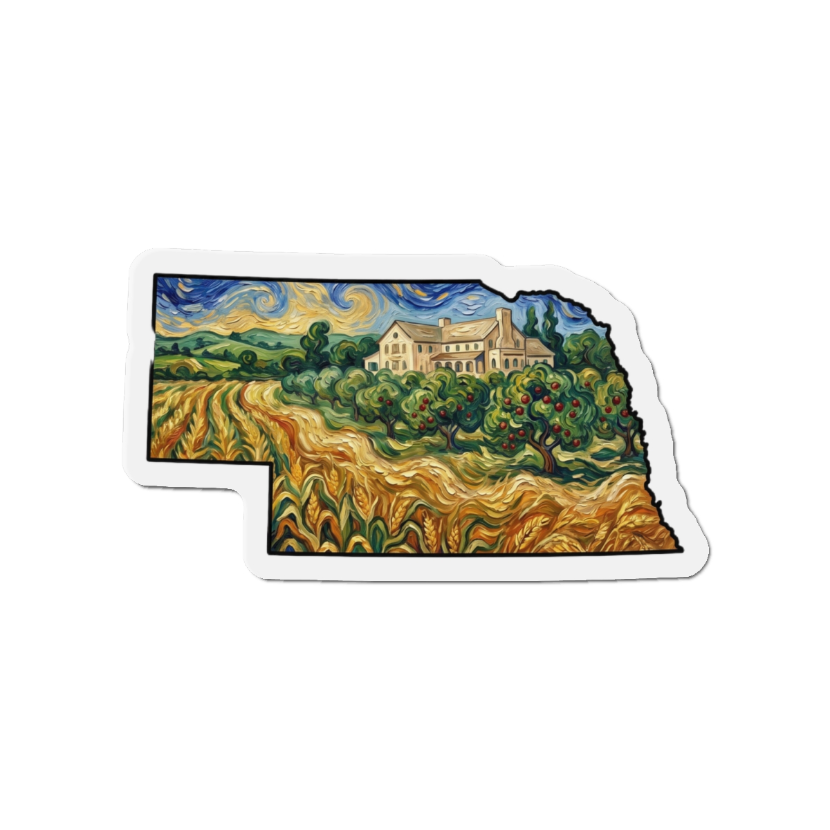 Nebraska Arbor Day Orchard Magnet — Van Gogh Die-Cut State Magnet | Nebraska Souvenir Gift