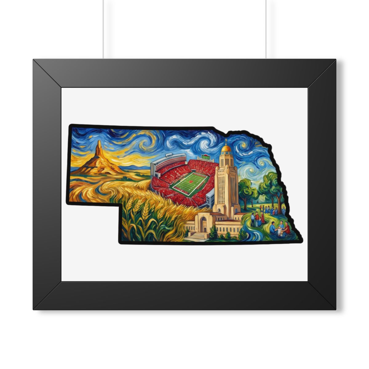 Nebraska Landmarks Framed Print — Van Gogh Style State Wall Art | Big Red Game Day Decor