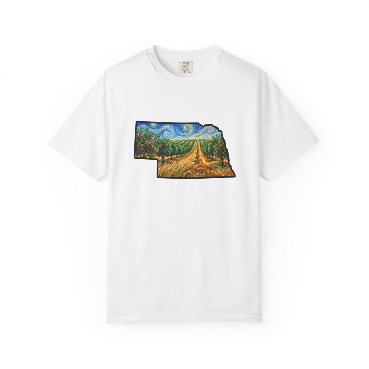 LNK.Nebraska Apple Orchard Landscape Cotton T-Shirt — Vincent Van Gogh Style, Nebraska Merchandise